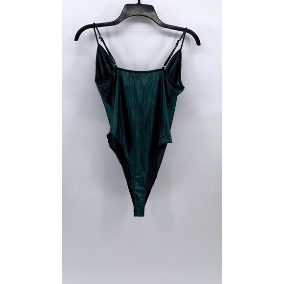 BLA SHE Women's Dark Green Metallic Cowl-Neck Spaghetti Strap Bodysuit SZ L - Picture 2 of 10